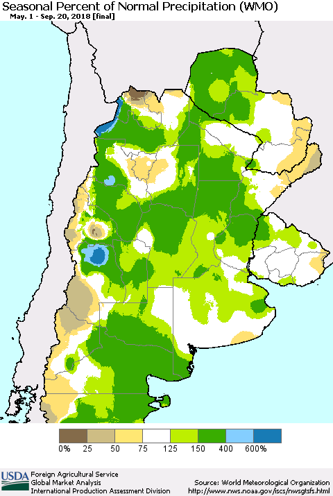 Southern South America Seasonal Percent of Normal Precipitation (WMO) Thematic Map For 5/1/2018 - 9/20/2018