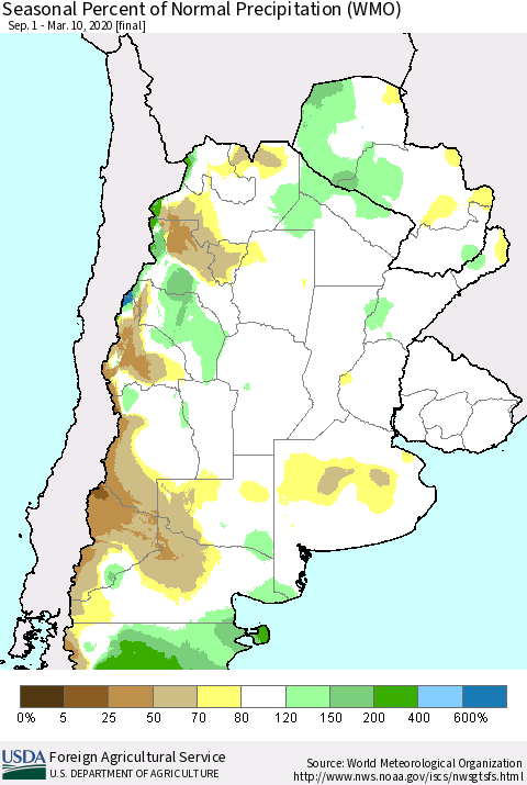 Southern South America Seasonal Percent of Normal Precipitation (WMO) Thematic Map For 9/1/2019 - 3/10/2020