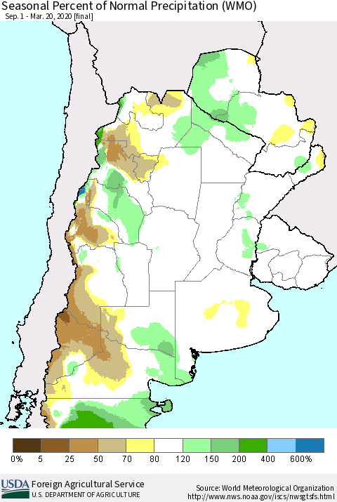 Southern South America Seasonal Percent of Normal Precipitation (WMO) Thematic Map For 9/1/2019 - 3/20/2020