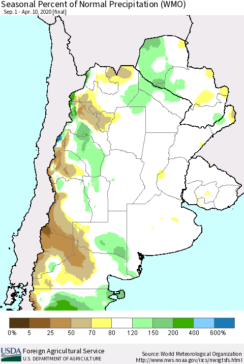 Southern South America Seasonal Percent of Normal Precipitation (WMO) Thematic Map For 9/1/2019 - 4/10/2020