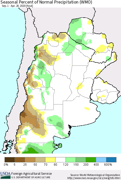 Southern South America Seasonal Percent of Normal Precipitation (WMO) Thematic Map For 9/1/2019 - 4/20/2020