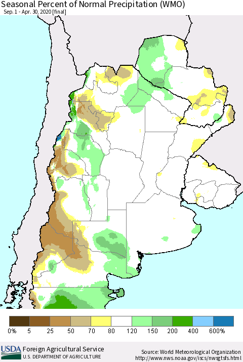 Southern South America Seasonal Percent of Normal Precipitation (WMO) Thematic Map For 9/1/2019 - 4/30/2020