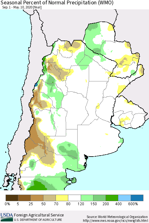 Southern South America Seasonal Percent of Normal Precipitation (WMO) Thematic Map For 9/1/2019 - 5/10/2020