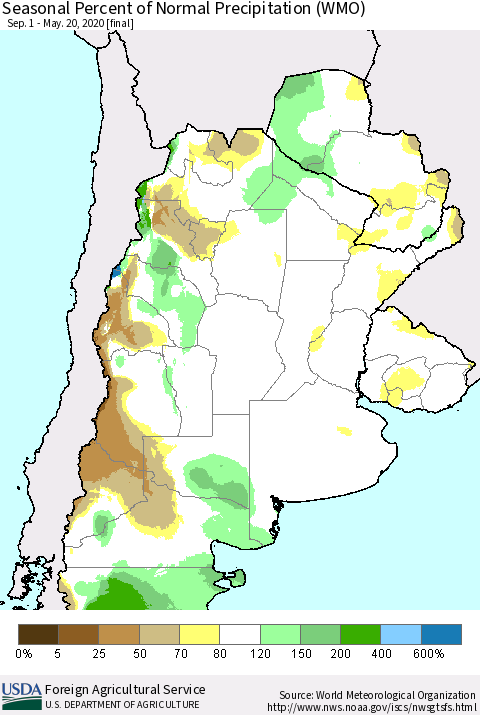 Southern South America Seasonal Percent of Normal Precipitation (WMO) Thematic Map For 9/1/2019 - 5/20/2020