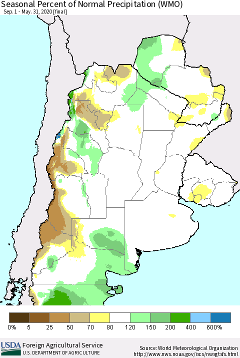 Southern South America Seasonal Percent of Normal Precipitation (WMO) Thematic Map For 9/1/2019 - 5/31/2020