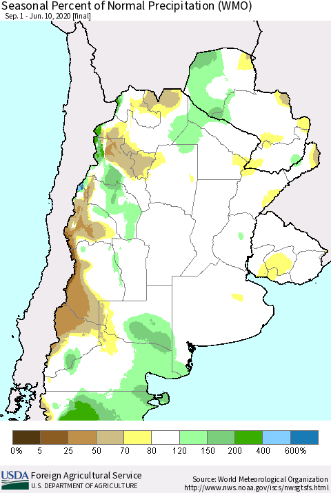 Southern South America Seasonal Percent of Normal Precipitation (WMO) Thematic Map For 9/1/2019 - 6/10/2020