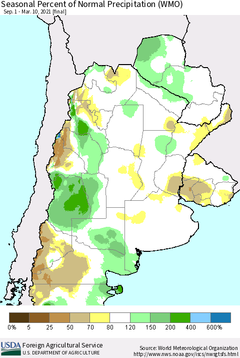 Southern South America Seasonal Percent of Normal Precipitation (WMO) Thematic Map For 9/1/2020 - 3/10/2021