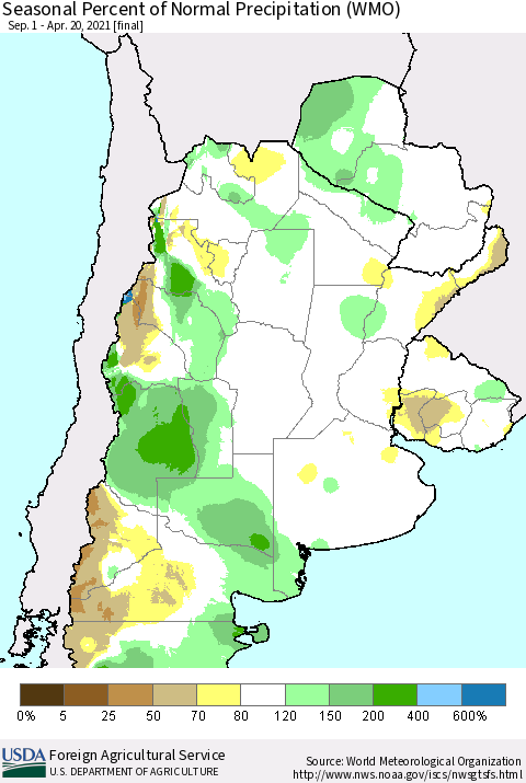 Southern South America Seasonal Percent of Normal Precipitation (WMO) Thematic Map For 9/1/2020 - 4/20/2021