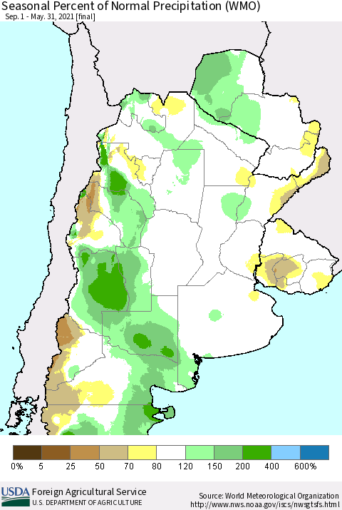 Southern South America Seasonal Percent of Normal Precipitation (WMO) Thematic Map For 9/1/2020 - 5/31/2021