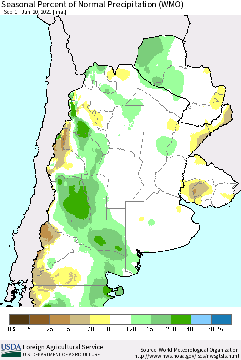 Southern South America Seasonal Percent of Normal Precipitation (WMO) Thematic Map For 9/1/2020 - 6/20/2021