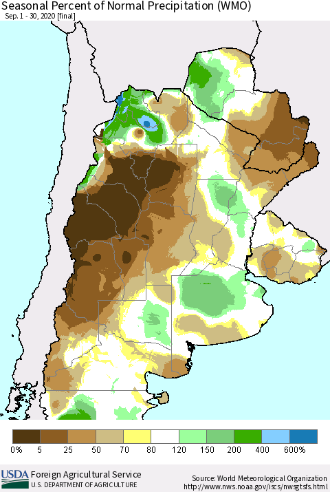 Southern South America Seasonal Percent of Normal Precipitation (WMO) Thematic Map For 9/1/2020 - 9/30/2020
