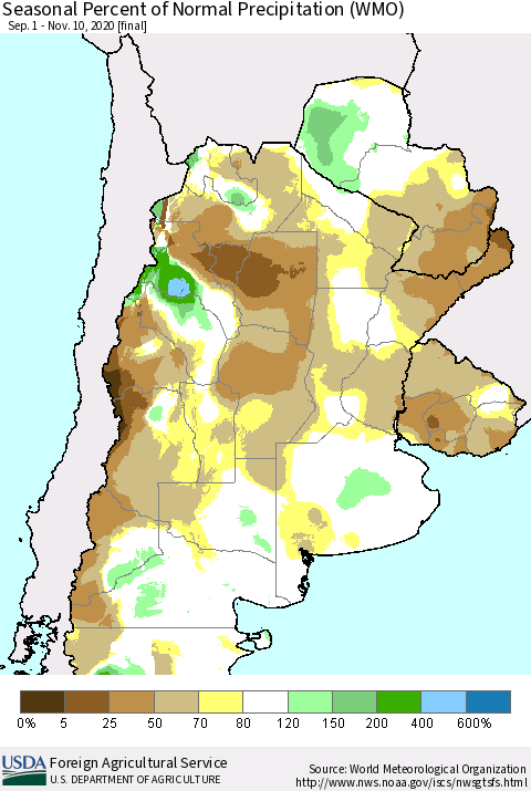 Southern South America Seasonal Percent of Normal Precipitation (WMO) Thematic Map For 9/1/2020 - 11/10/2020