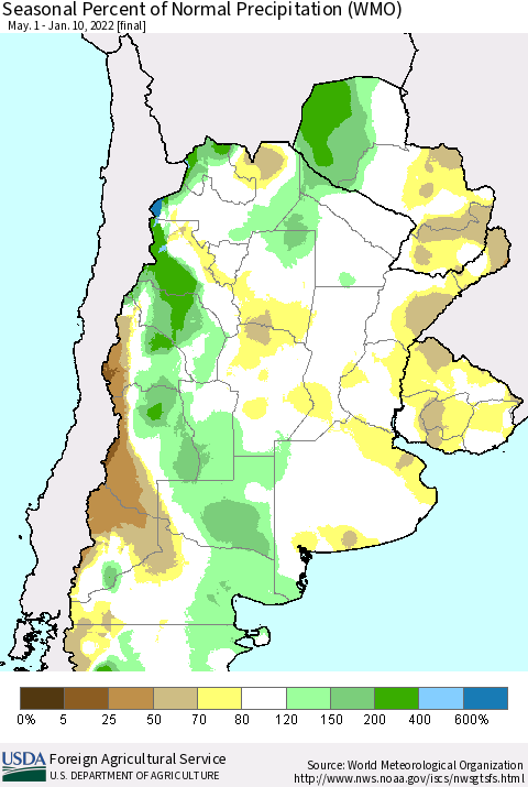 Southern South America Seasonal Percent of Normal Precipitation (WMO) Thematic Map For 5/1/2021 - 1/10/2022