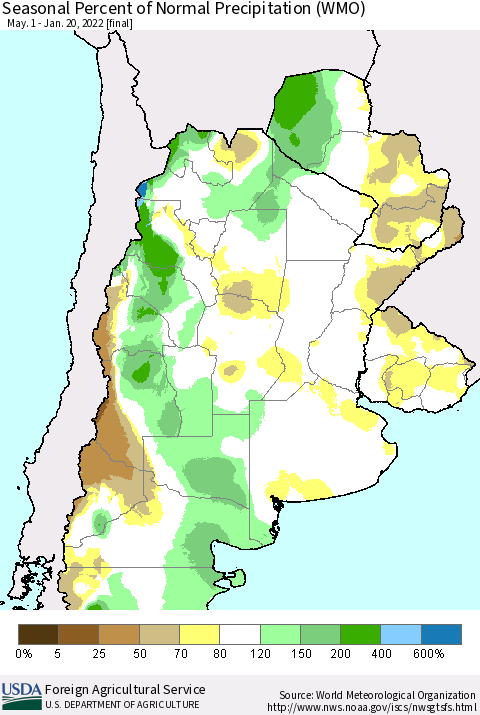 Southern South America Seasonal Percent of Normal Precipitation (WMO) Thematic Map For 5/1/2021 - 1/20/2022
