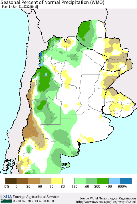 Southern South America Seasonal Percent of Normal Precipitation (WMO) Thematic Map For 5/1/2021 - 1/31/2022
