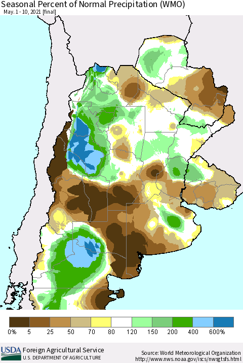 Southern South America Seasonal Percent of Normal Precipitation (WMO) Thematic Map For 5/1/2021 - 5/10/2021
