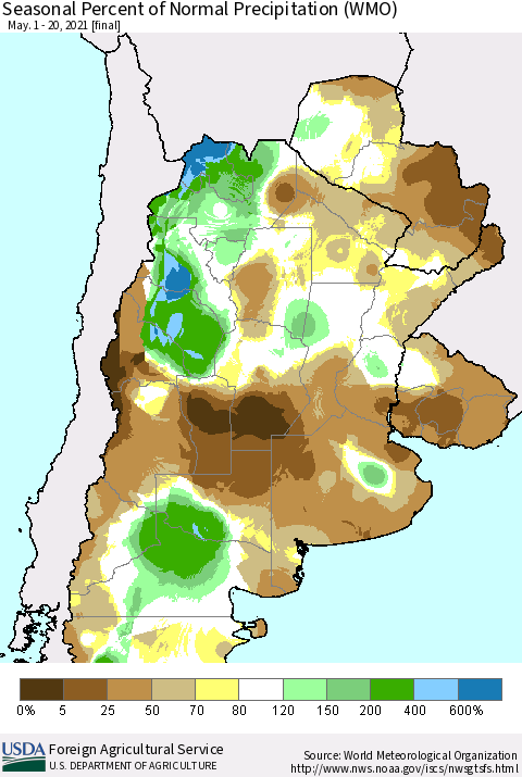 Southern South America Seasonal Percent of Normal Precipitation (WMO) Thematic Map For 5/1/2021 - 5/20/2021