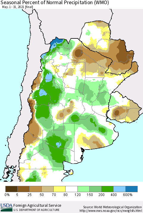 Southern South America Seasonal Percent of Normal Precipitation (WMO) Thematic Map For 5/1/2021 - 5/31/2021