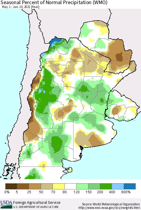 Southern South America Seasonal Percent of Normal Precipitation (WMO) Thematic Map For 5/1/2021 - 6/10/2021