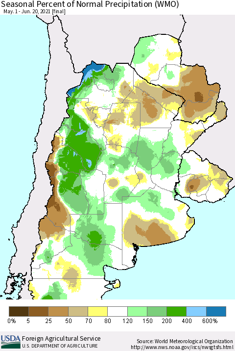 Southern South America Seasonal Percent of Normal Precipitation (WMO) Thematic Map For 5/1/2021 - 6/20/2021