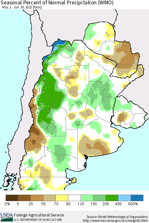 Southern South America Seasonal Percent of Normal Precipitation (WMO) Thematic Map For 5/1/2021 - 6/30/2021