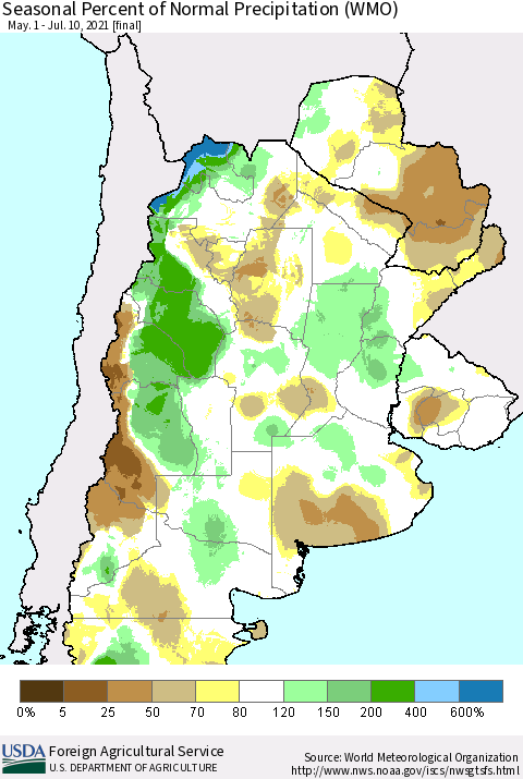 Southern South America Seasonal Percent of Normal Precipitation (WMO) Thematic Map For 5/1/2021 - 7/10/2021