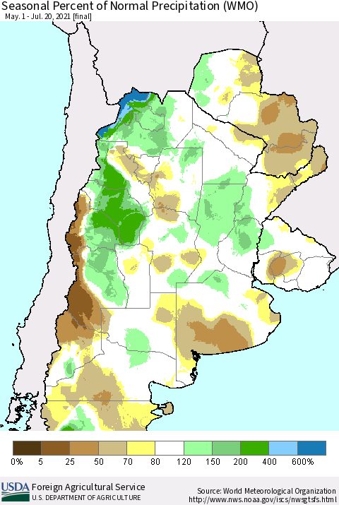Southern South America Seasonal Percent of Normal Precipitation (WMO) Thematic Map For 5/1/2021 - 7/20/2021