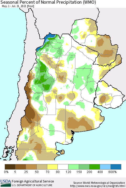 Southern South America Seasonal Percent of Normal Precipitation (WMO) Thematic Map For 5/1/2021 - 7/31/2021