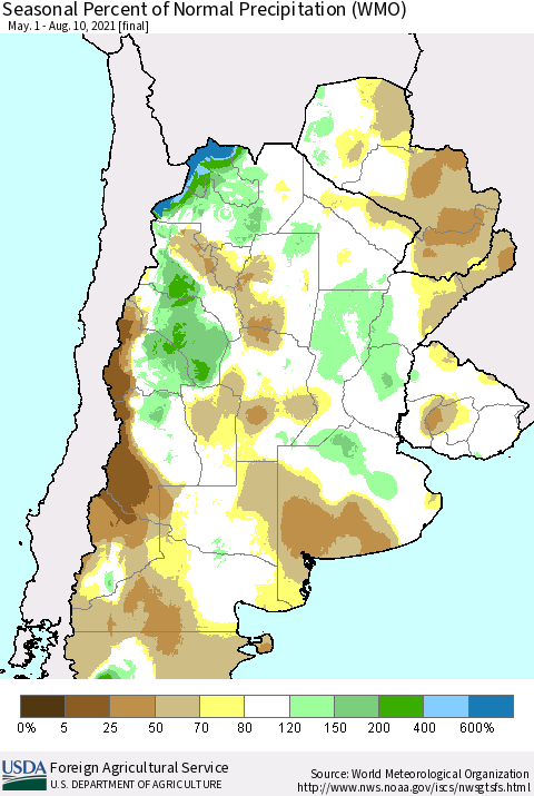 Southern South America Seasonal Percent of Normal Precipitation (WMO) Thematic Map For 5/1/2021 - 8/10/2021