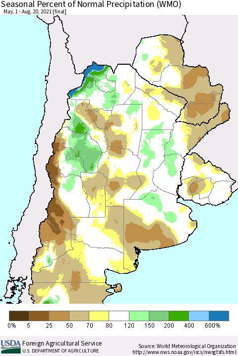 Southern South America Seasonal Percent of Normal Precipitation (WMO) Thematic Map For 5/1/2021 - 8/20/2021