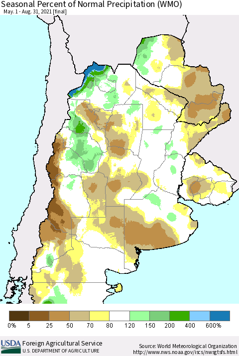 Southern South America Seasonal Percent of Normal Precipitation (WMO) Thematic Map For 5/1/2021 - 8/31/2021
