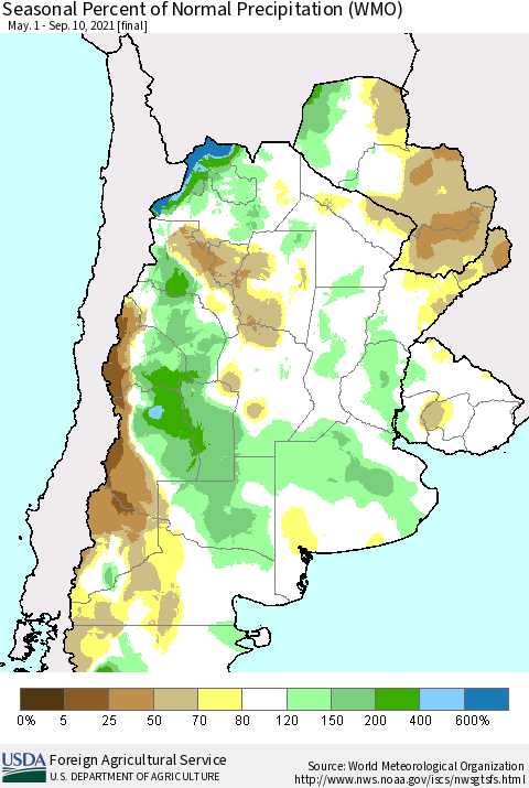 Southern South America Seasonal Percent of Normal Precipitation (WMO) Thematic Map For 5/1/2021 - 9/10/2021
