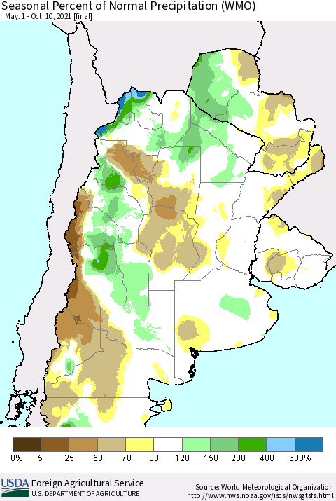 Southern South America Seasonal Percent of Normal Precipitation (WMO) Thematic Map For 5/1/2021 - 10/10/2021