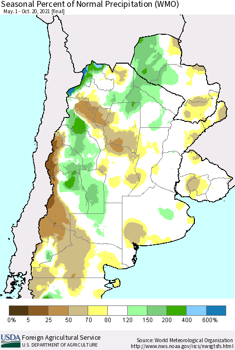Southern South America Seasonal Percent of Normal Precipitation (WMO) Thematic Map For 5/1/2021 - 10/20/2021