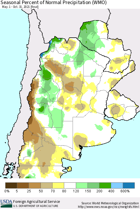 Southern South America Seasonal Percent of Normal Precipitation (WMO) Thematic Map For 5/1/2021 - 10/31/2021