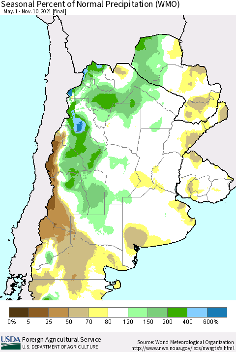 Southern South America Seasonal Percent of Normal Precipitation (WMO) Thematic Map For 5/1/2021 - 11/10/2021