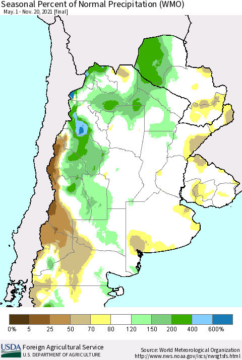 Southern South America Seasonal Percent of Normal Precipitation (WMO) Thematic Map For 5/1/2021 - 11/20/2021