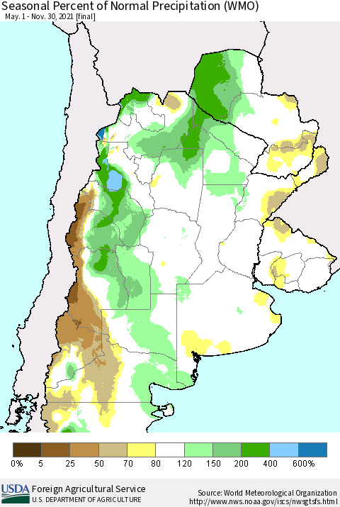 Southern South America Seasonal Percent of Normal Precipitation (WMO) Thematic Map For 5/1/2021 - 11/30/2021