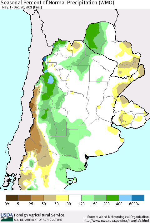 Southern South America Seasonal Percent of Normal Precipitation (WMO) Thematic Map For 5/1/2021 - 12/20/2021