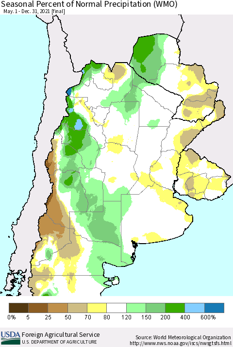 Southern South America Seasonal Percent of Normal Precipitation (WMO) Thematic Map For 5/1/2021 - 12/31/2021