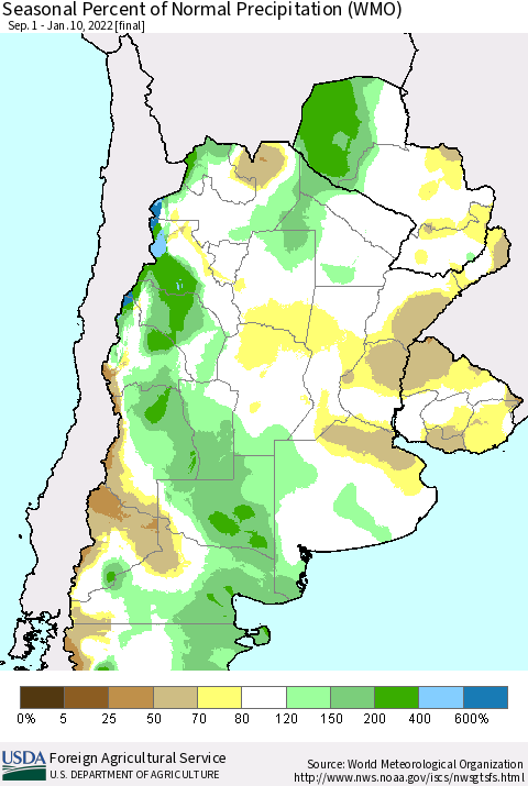 Southern South America Seasonal Percent of Normal Precipitation (WMO) Thematic Map For 9/1/2021 - 1/10/2022