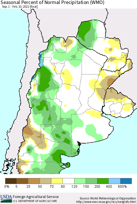 Southern South America Seasonal Percent of Normal Precipitation (WMO) Thematic Map For 9/1/2021 - 2/10/2022