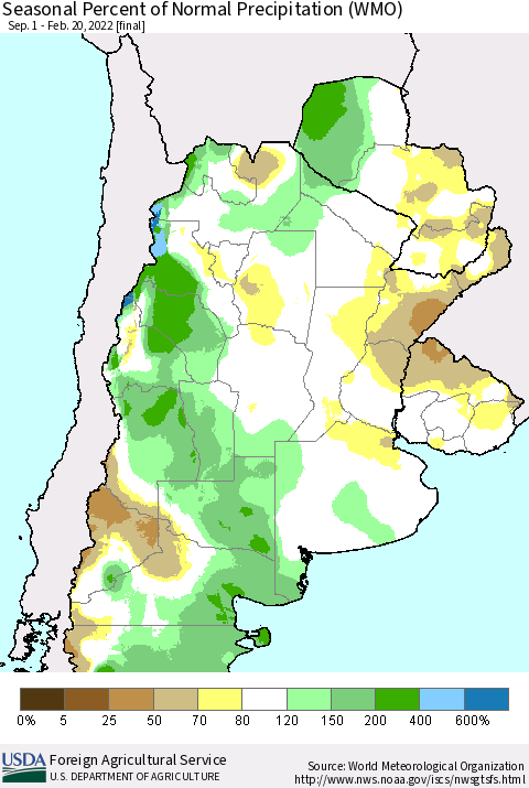 Southern South America Seasonal Percent of Normal Precipitation (WMO) Thematic Map For 9/1/2021 - 2/20/2022