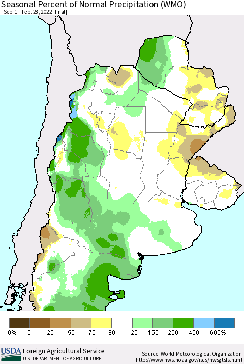 Southern South America Seasonal Percent of Normal Precipitation (WMO) Thematic Map For 9/1/2021 - 2/28/2022