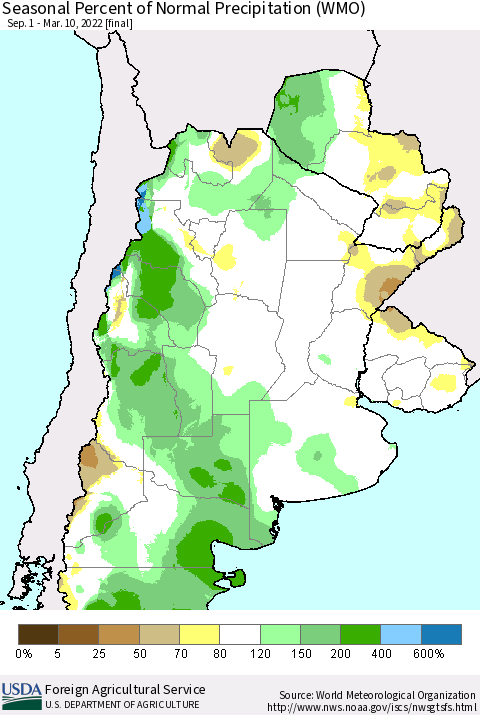 Southern South America Seasonal Percent of Normal Precipitation (WMO) Thematic Map For 9/1/2021 - 3/10/2022