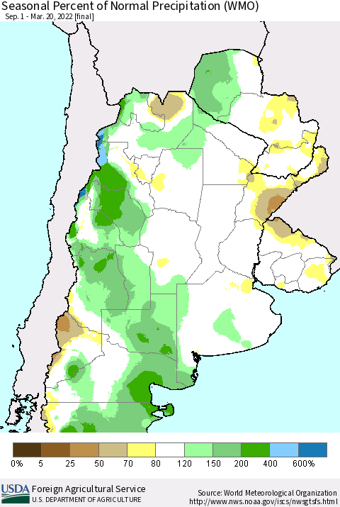Southern South America Seasonal Percent of Normal Precipitation (WMO) Thematic Map For 9/1/2021 - 3/20/2022