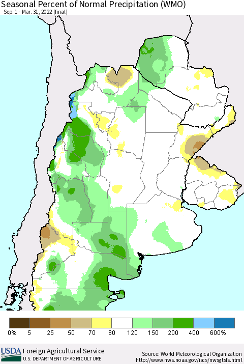 Southern South America Seasonal Percent of Normal Precipitation (WMO) Thematic Map For 9/1/2021 - 3/31/2022