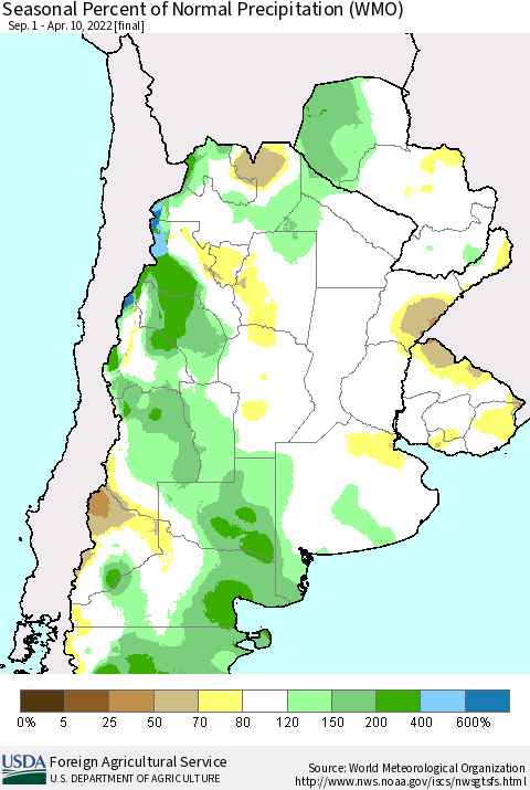 Southern South America Seasonal Percent of Normal Precipitation (WMO) Thematic Map For 9/1/2021 - 4/10/2022