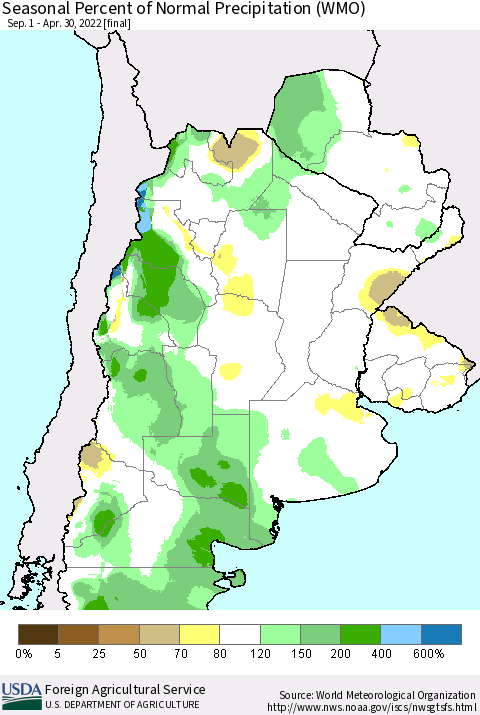 Southern South America Seasonal Percent of Normal Precipitation (WMO) Thematic Map For 9/1/2021 - 4/30/2022