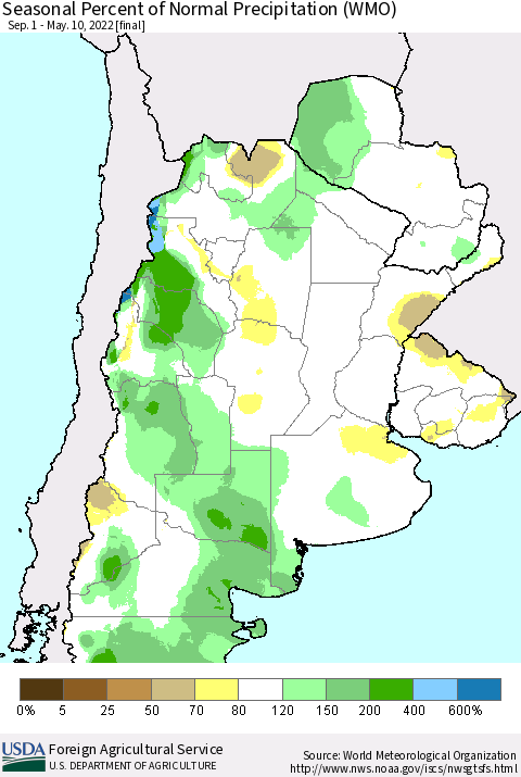Southern South America Seasonal Percent of Normal Precipitation (WMO) Thematic Map For 9/1/2021 - 5/10/2022